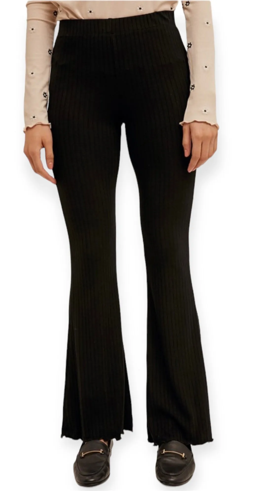 Black Ribbed Knit Flare Pants