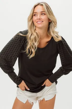 Black Round Neck Polka Dot Lantern Sleeve Top (Online Exclusive)