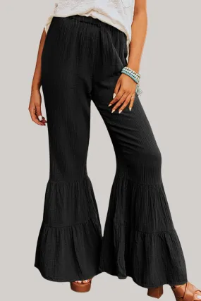 Black Textured High Waist Ruffled Bell Bottom Pants