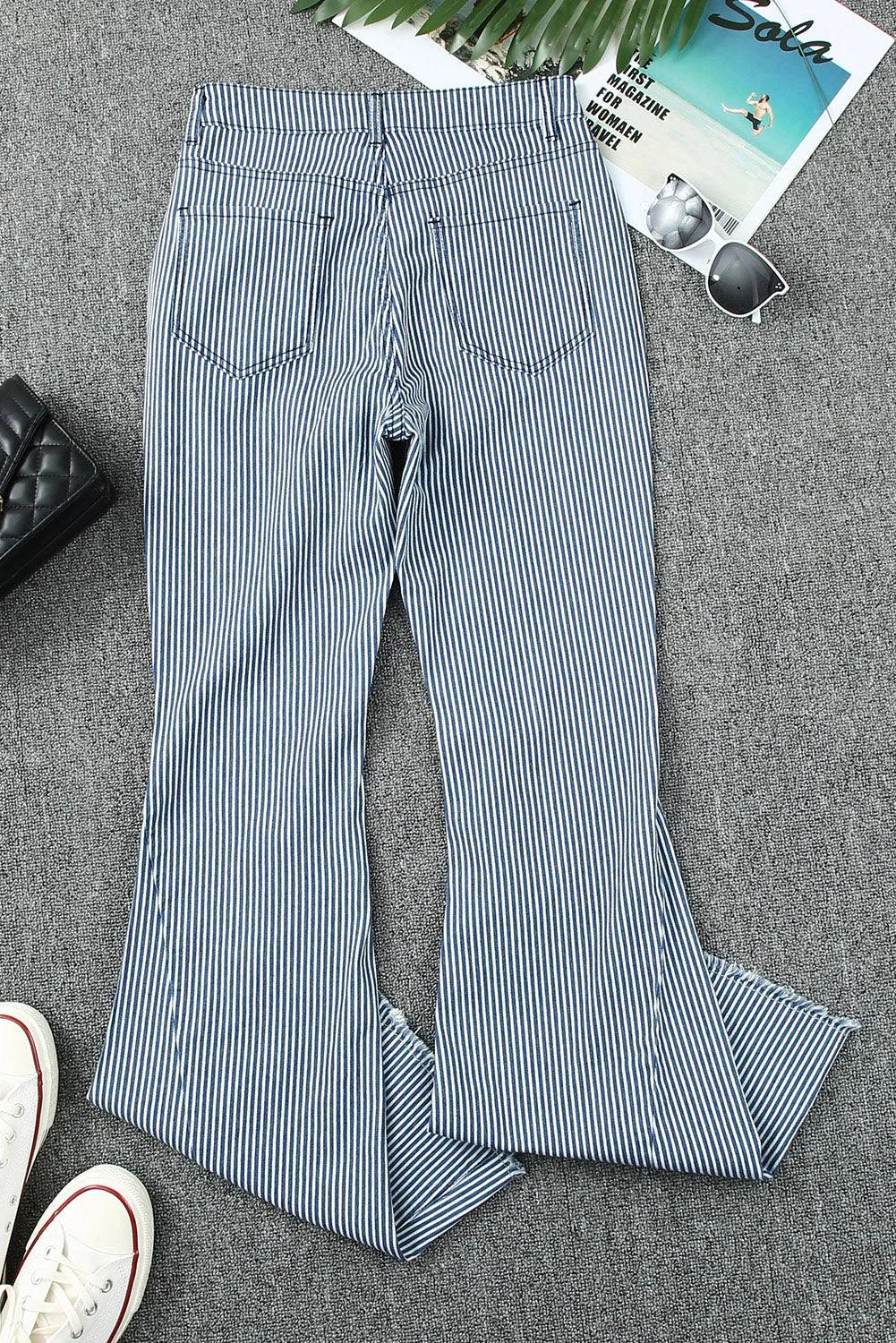 Blue Striped High-Waisted Bell Bottom Denim Pants with Pockets