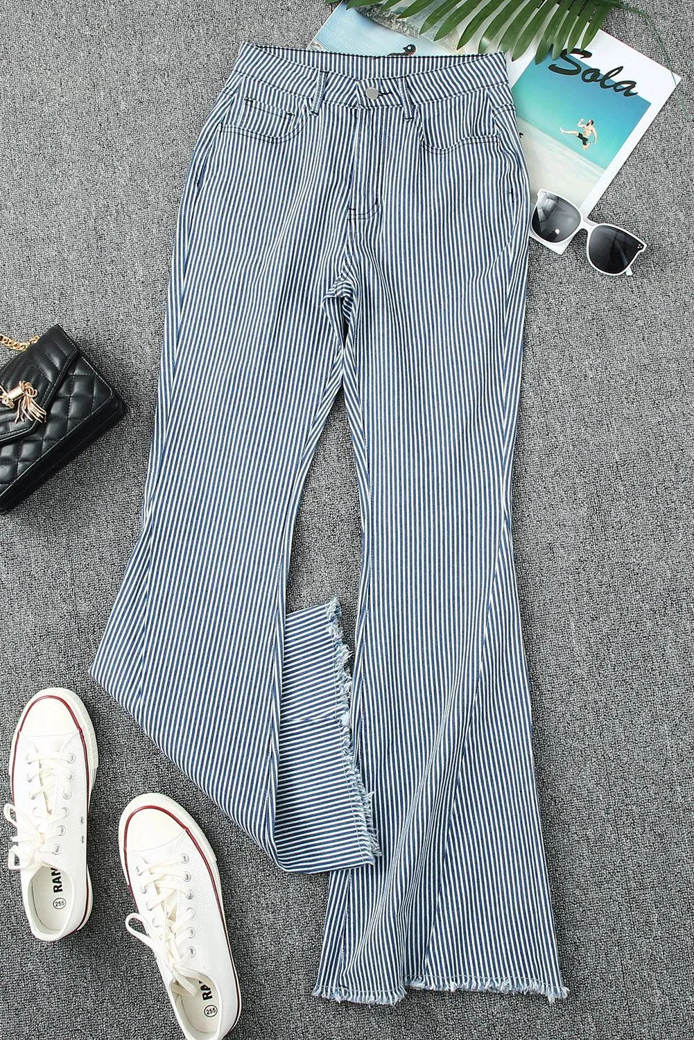 Blue Striped High-Waisted Bell Bottom Denim Pants with Pockets