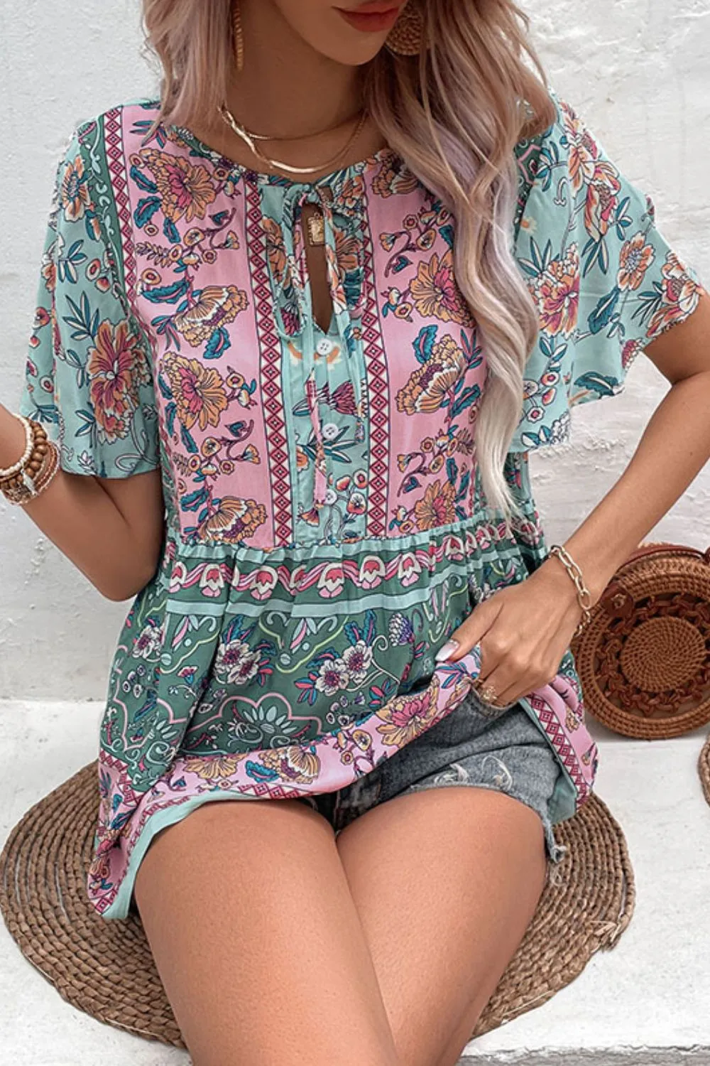 Bohemian Tie-Neck Flutter Sleeve Blouse