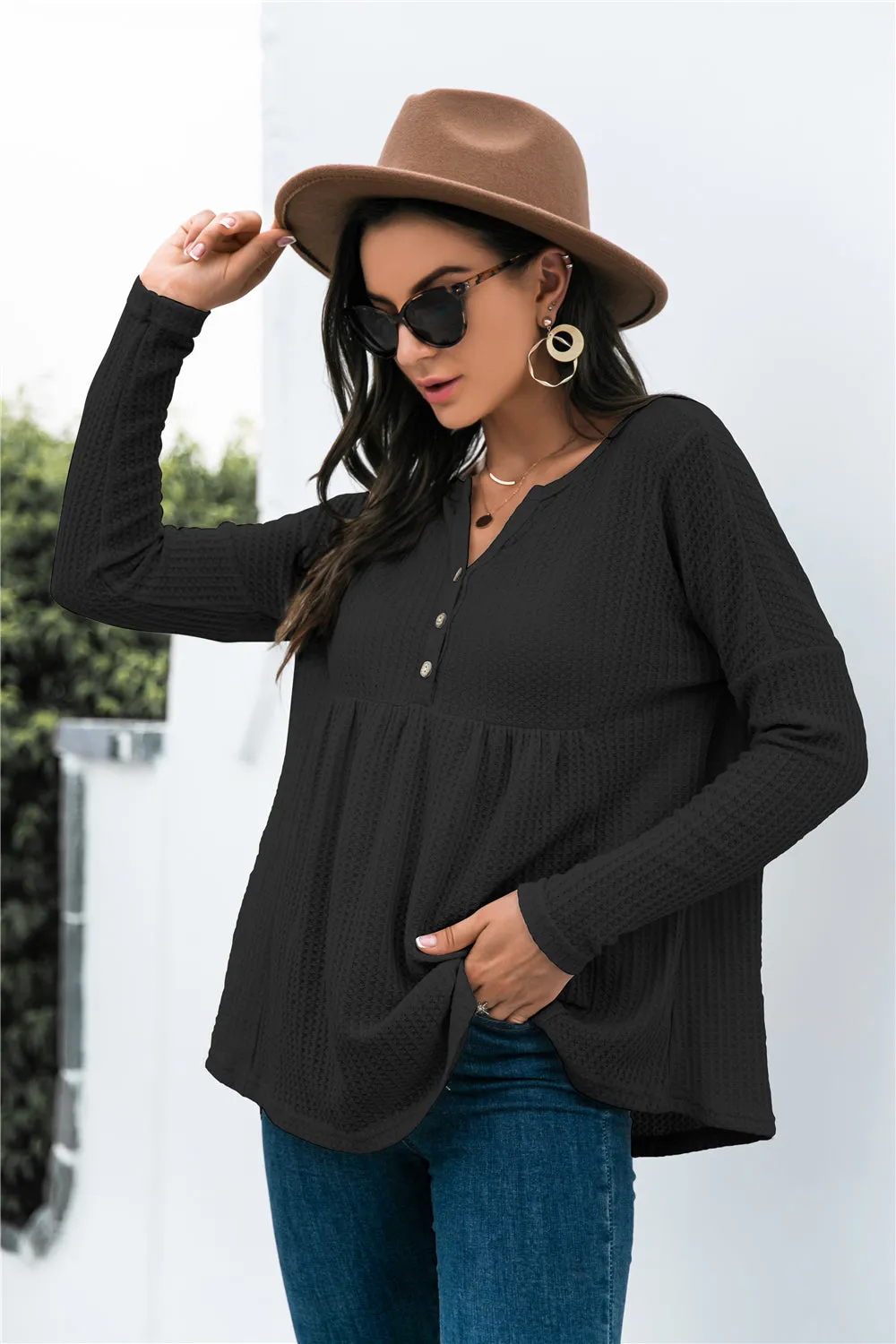 Button Front Waffle Knit Babydoll Top