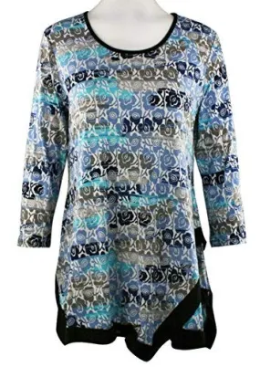 Caribe - Flowers Galore, Black Trim Bottom Hem 3/4 Sleeve Scoop Neck Swing Tunic