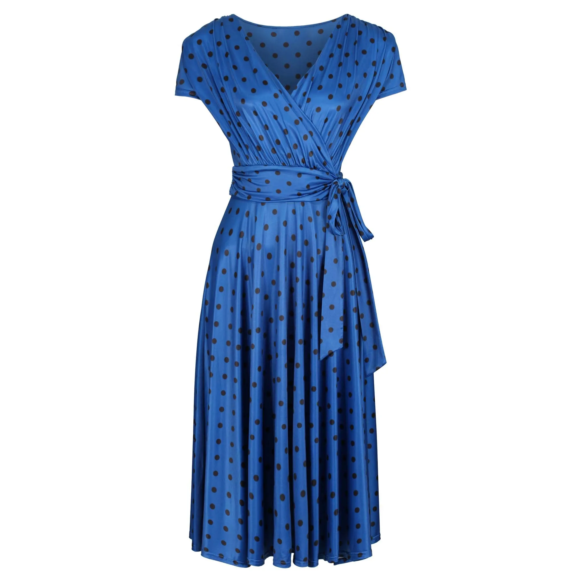 Classic Royal Blue Polka Dot Cap Sleeve Fit And Flare Midi Dress