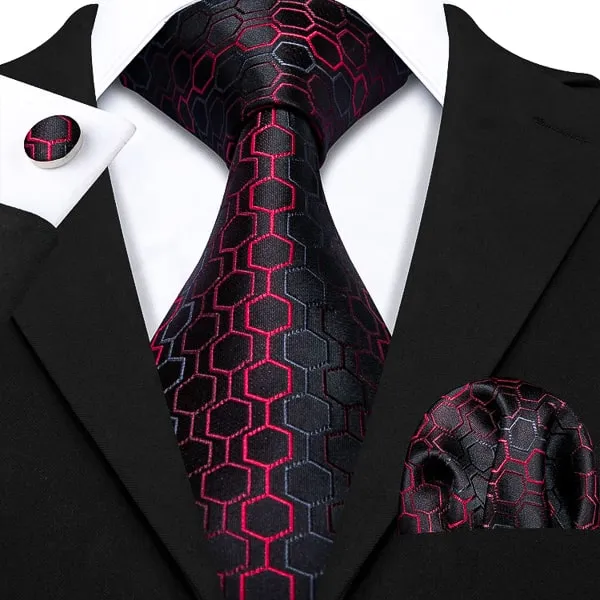 Classy Men Red Black Hexagon Silk Tie