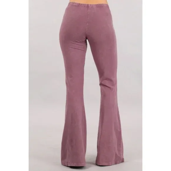 Dusty Rose Boho Mineral Wash Flared Bell Bottom Stretch Pull On Pants Womens