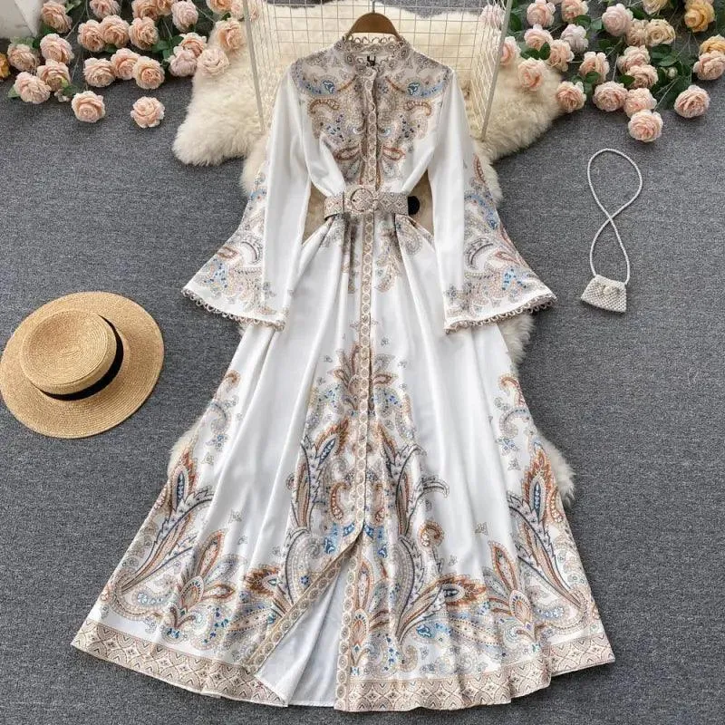 European And American Style Retro Printed Bell Sleeve Dress