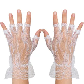 Fingerless Lace White Gloves - Ladies and Girls Ruffled Lace Finger Free Bridal Wrist Gloves