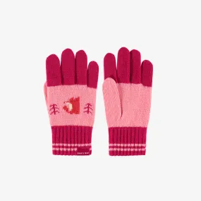 Gants roses et orange à motifs en maille, enfant || Pink and orange knitted gloves with print, child