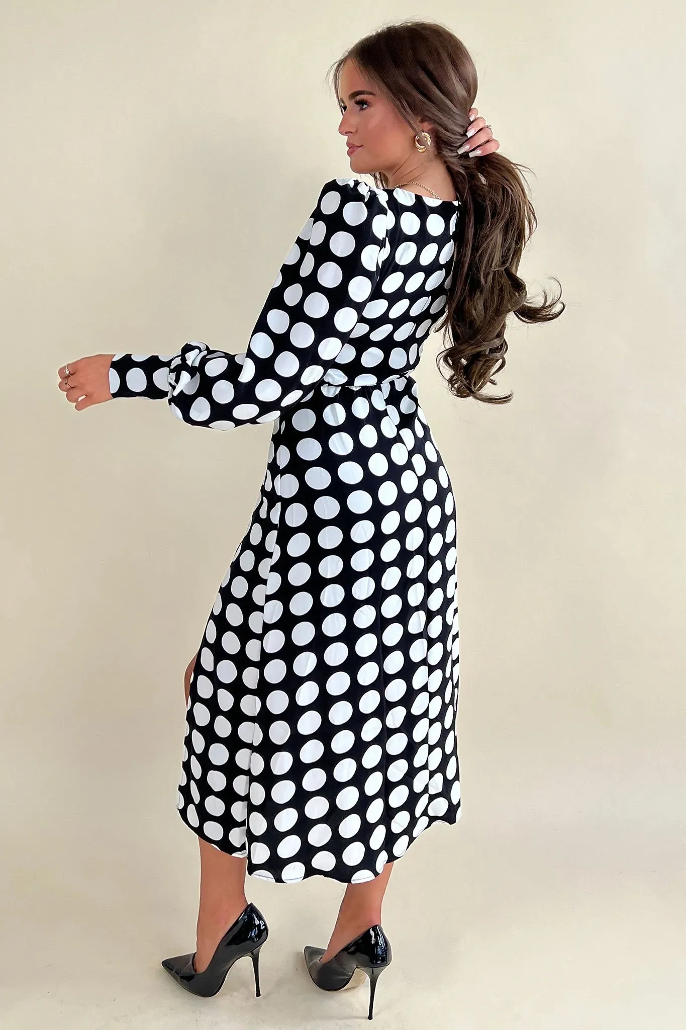 Karl Polka Dot Sweetheart Long Sleeve Midi Dress