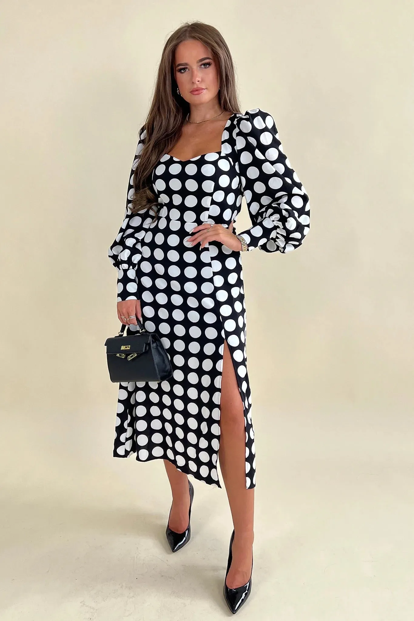 Karl Polka Dot Sweetheart Long Sleeve Midi Dress