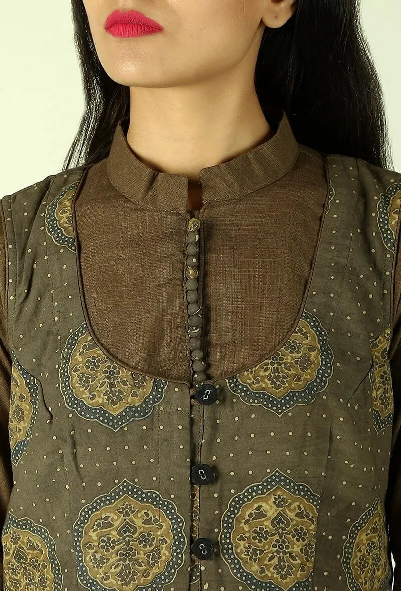 Khakhi Green Button Down Ajrakh Cotton Waistcoat