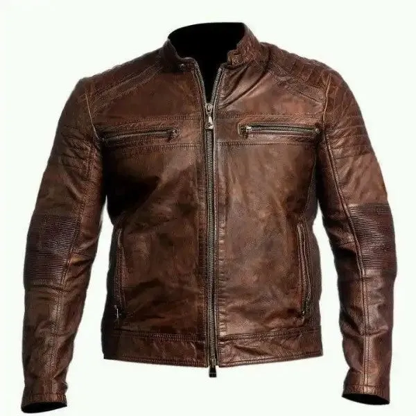 Mens Brown Vintage Biker Cafe Racer Death Skull Leather Jacket