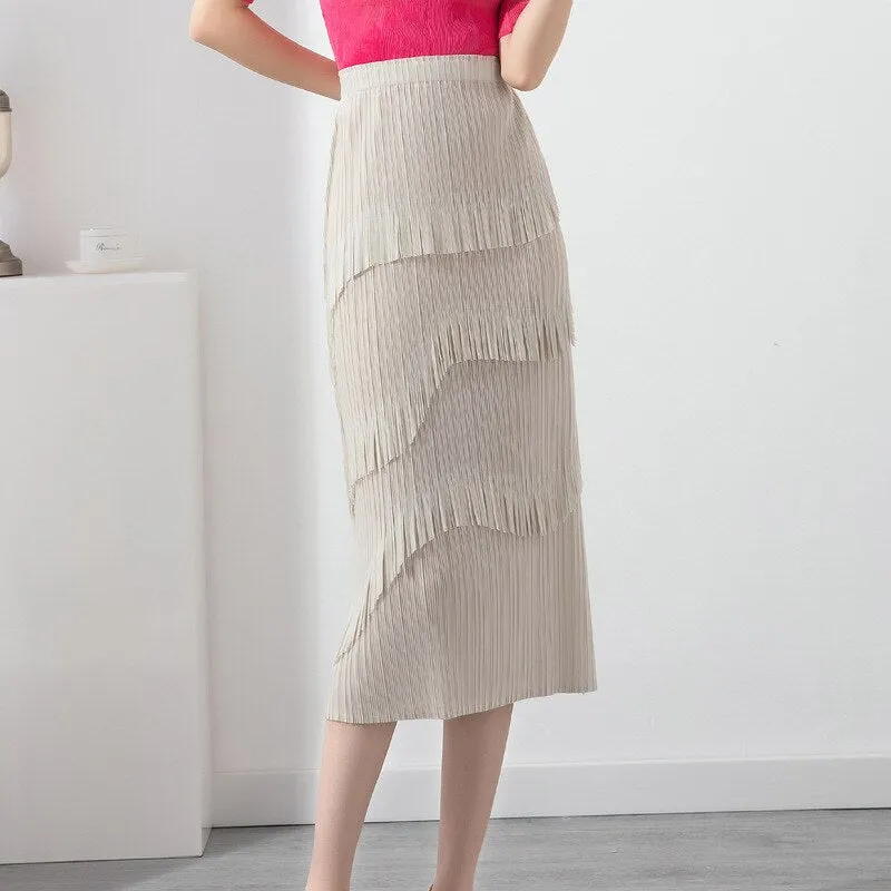 Miyake Pleated Color Block Tassel Layered Skirt