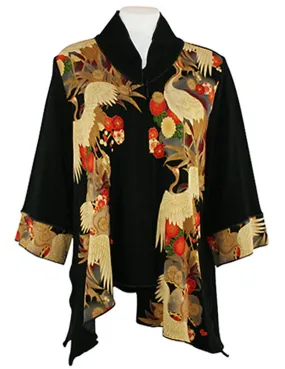 Moonlight - Asian Crane, Black & Red Asian Themed Asymmetric Hem Top