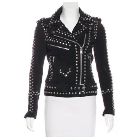 Moto Studded Black Suede Leather Jacket