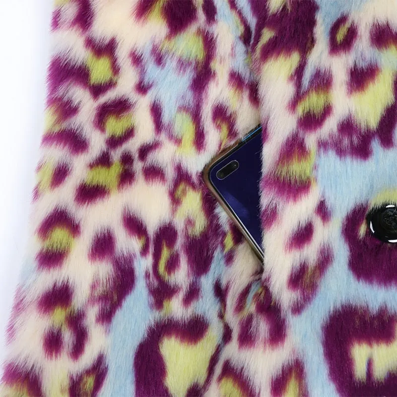 Multicolor Leopard Fluffy Faux Fur Trench Coat