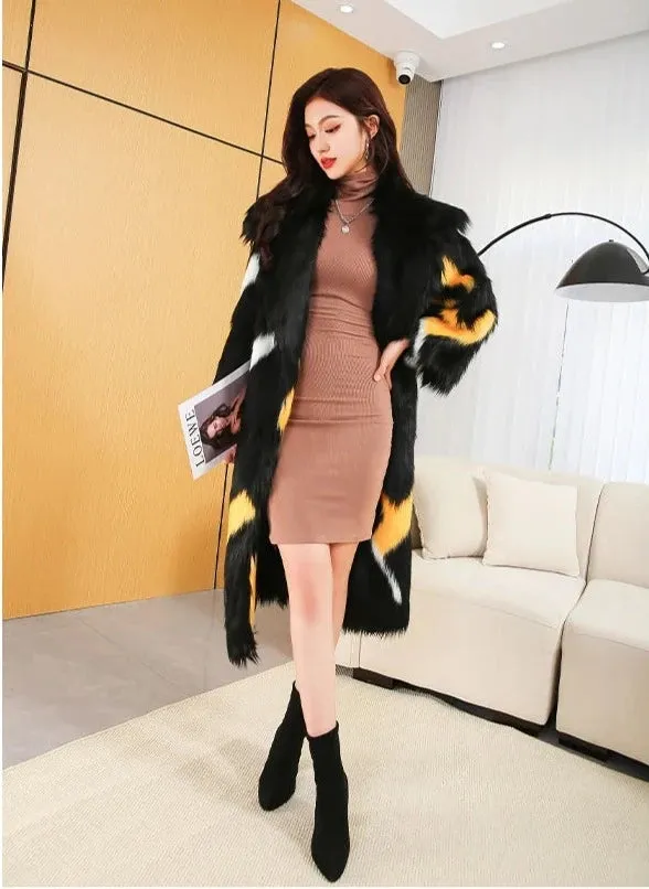 Multicolor Long Sleeve Faux Fox Fur Coat