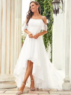 Reception Little White Dresses Boho Wedding Dresses A-Line Off Shoulder Short Sleeve Asymmetrical Lace Bridal Gowns With Lace Draping 2023 Summer Wedding Party, Women's Clothing