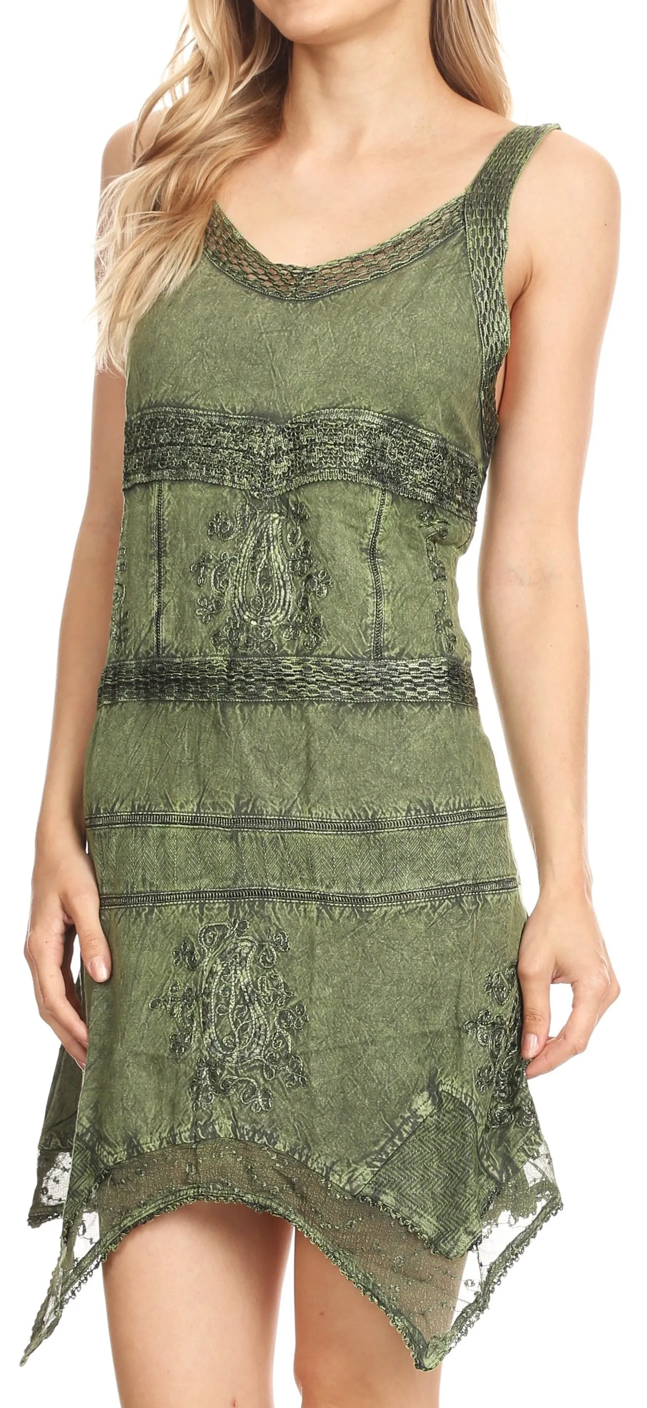 Sakkas Sonia Womens Sleeveless Bohemian Summer Casual Short Dress Stonewashed