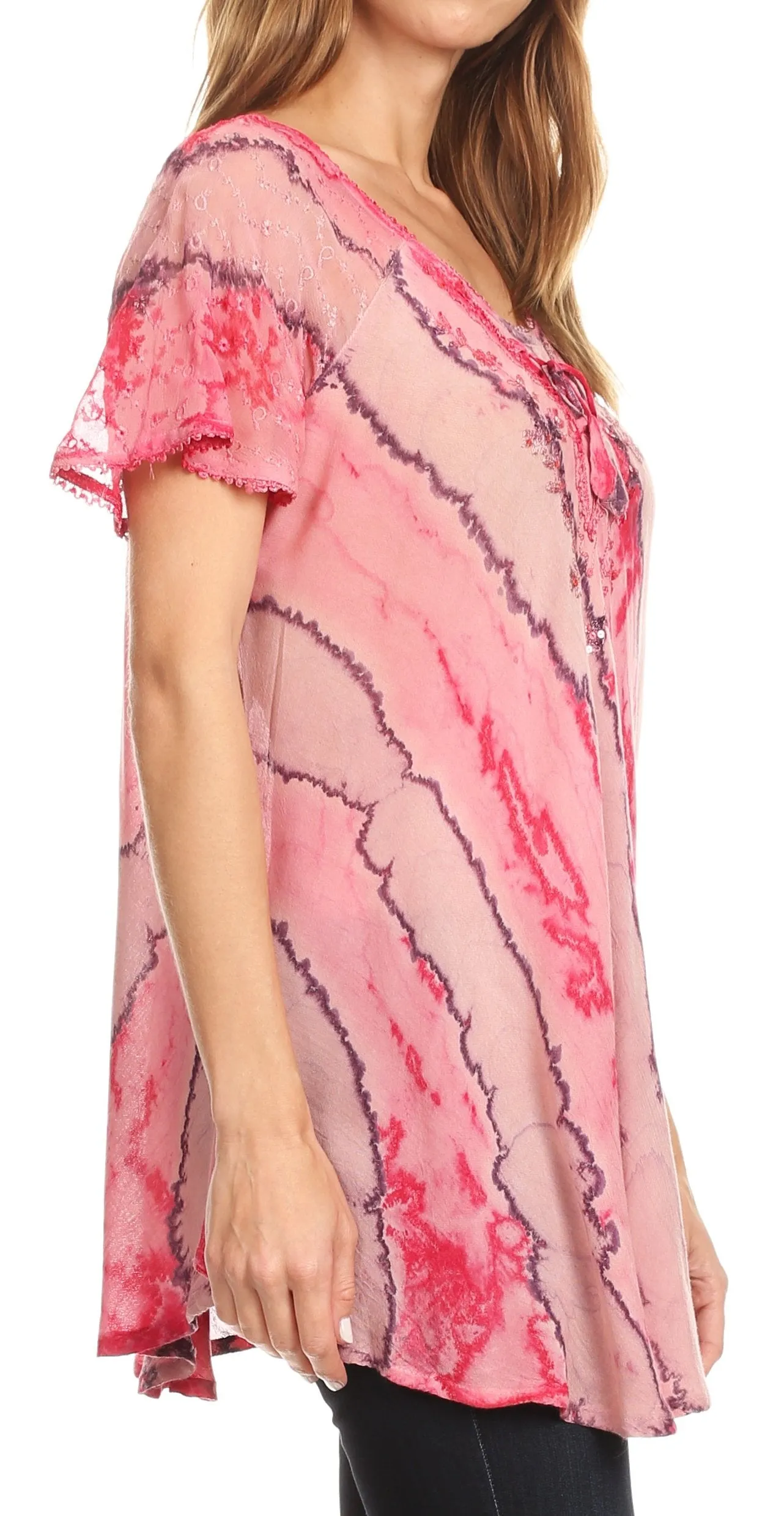 Sakkas Valencia Tie Dye Sheer Cap Sleeve Embellished Drawstring Scoop Neck Top