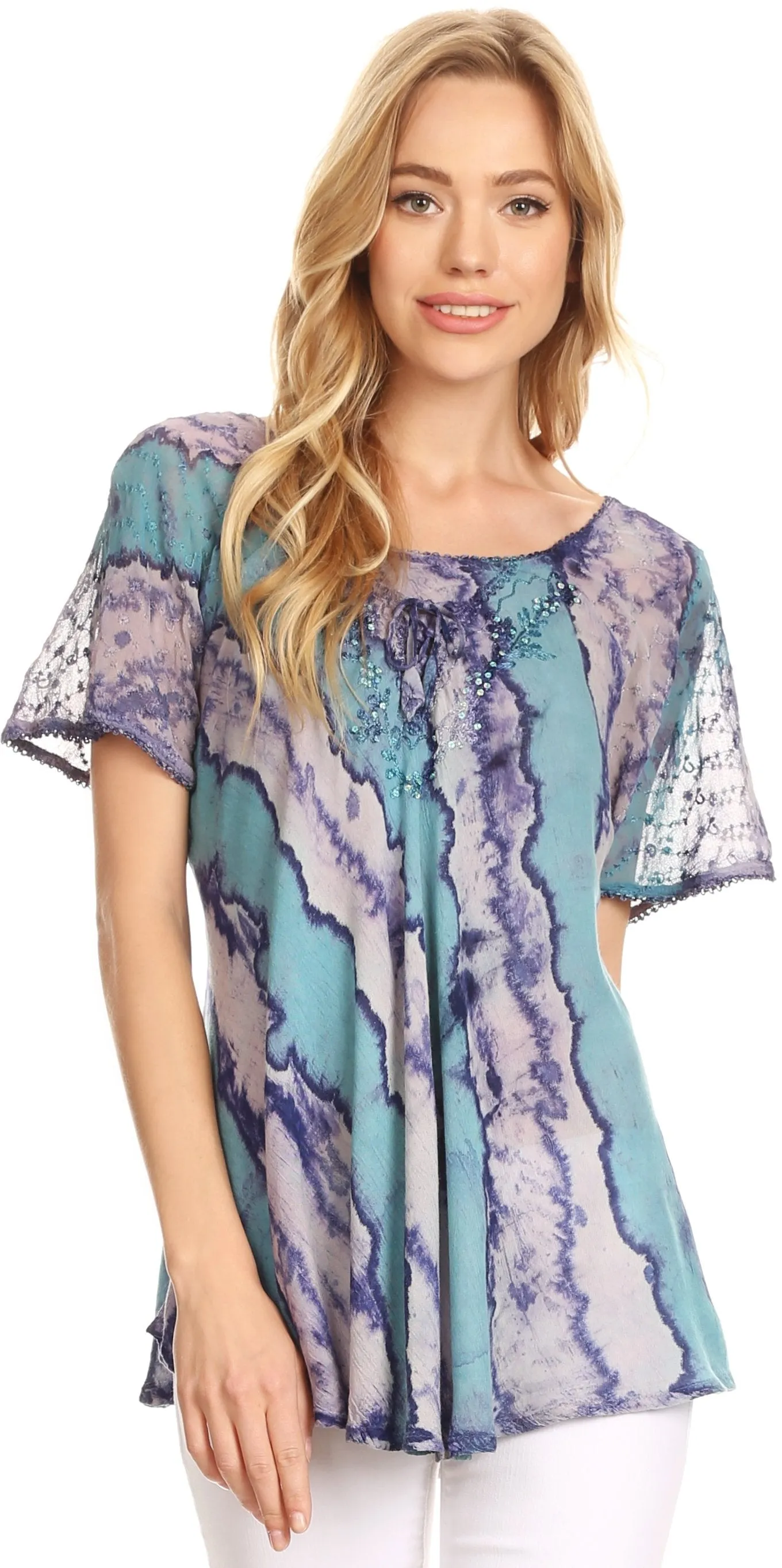 Sakkas Valencia Tie Dye Sheer Cap Sleeve Embellished Drawstring Scoop Neck Top