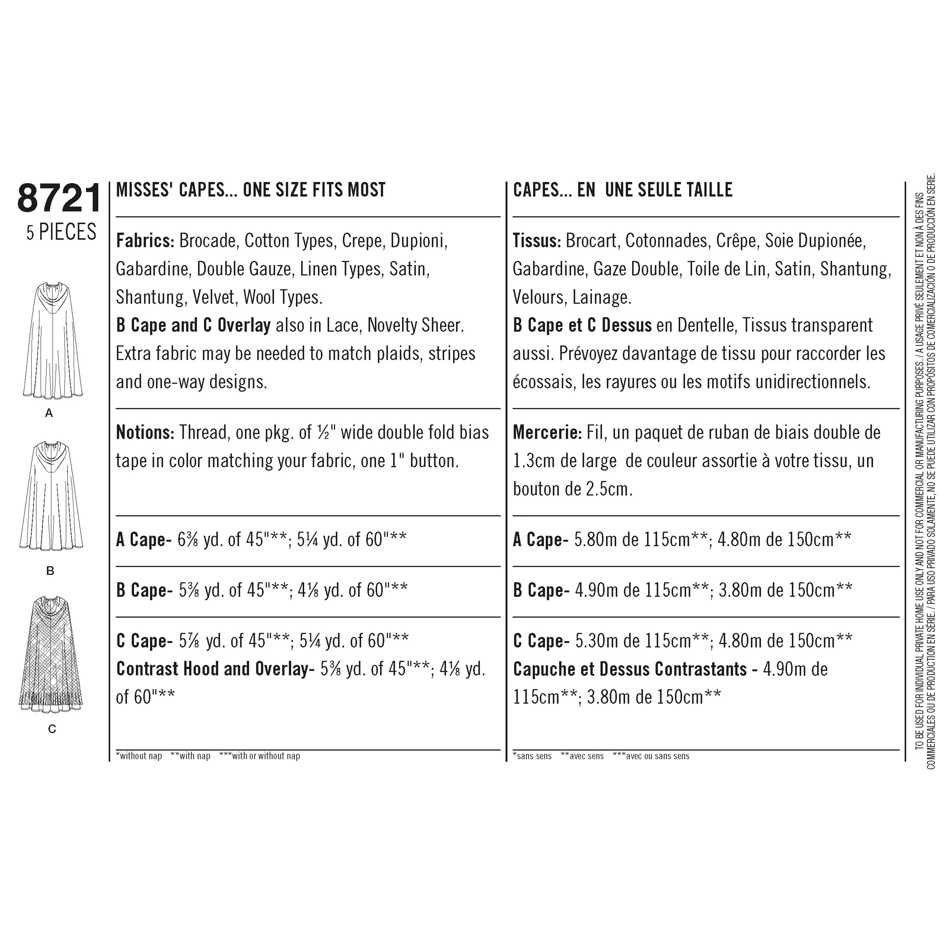 Simplicity Sewing Pattern 8721 Misses Capes