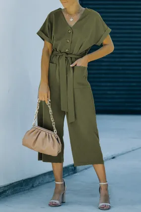 Tie-Waist Buttoned Cropped Jumpsuit