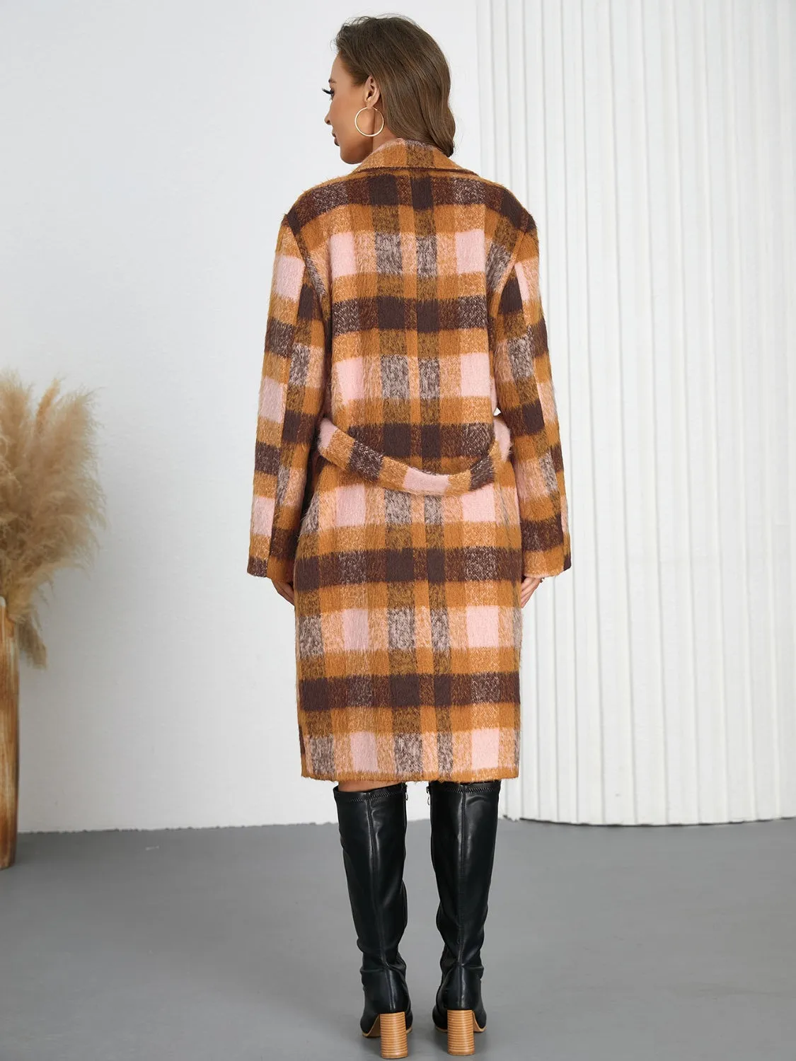 Tied Plaid Collared Neck Coat