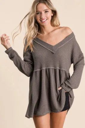 Waffle Knit V-Neck Babydoll Blouse