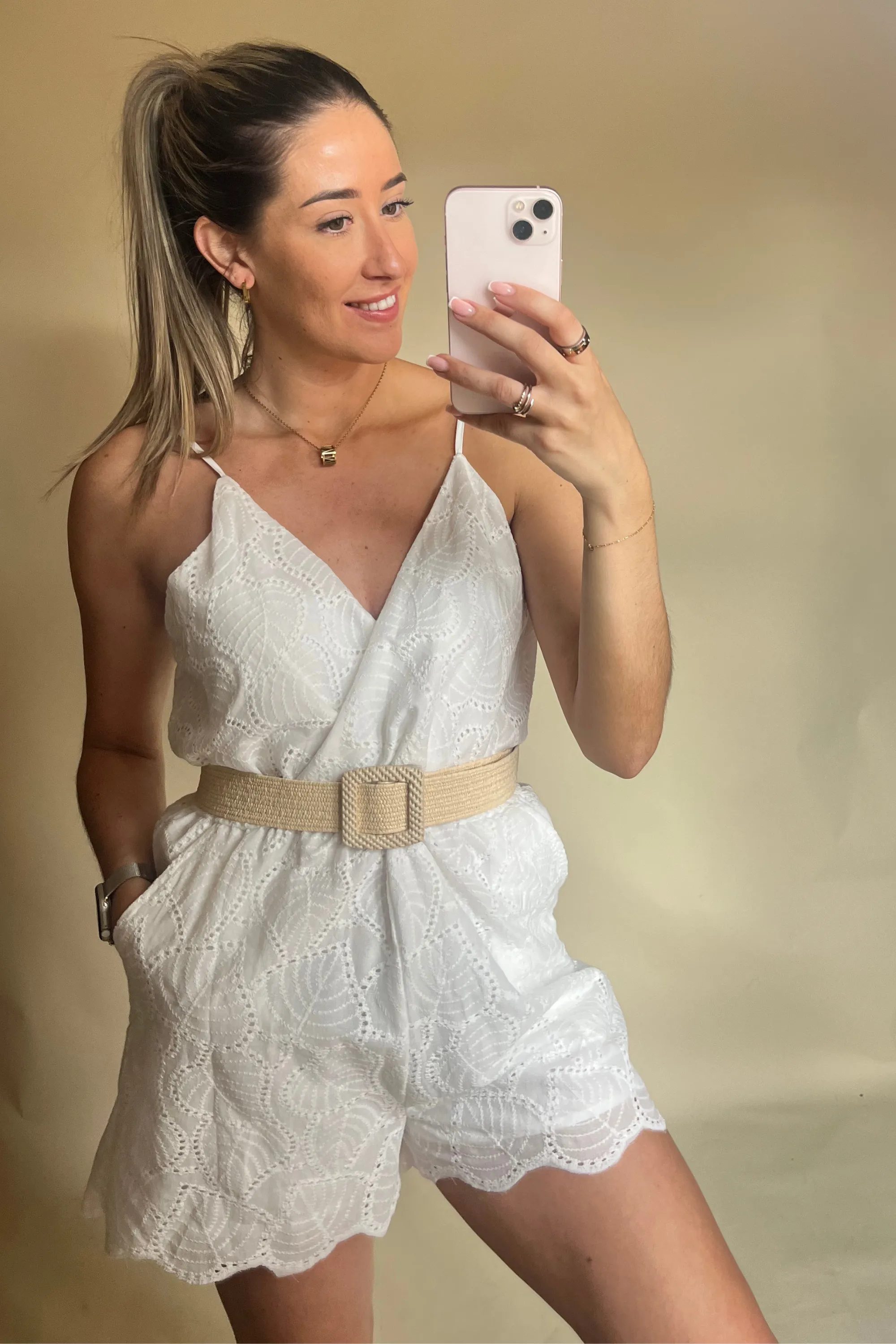 White applique playsuit with belt