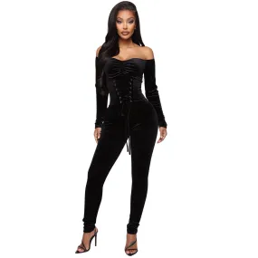 Women's Velvet One-shoulder Strap Slim Fit Jumpsuit